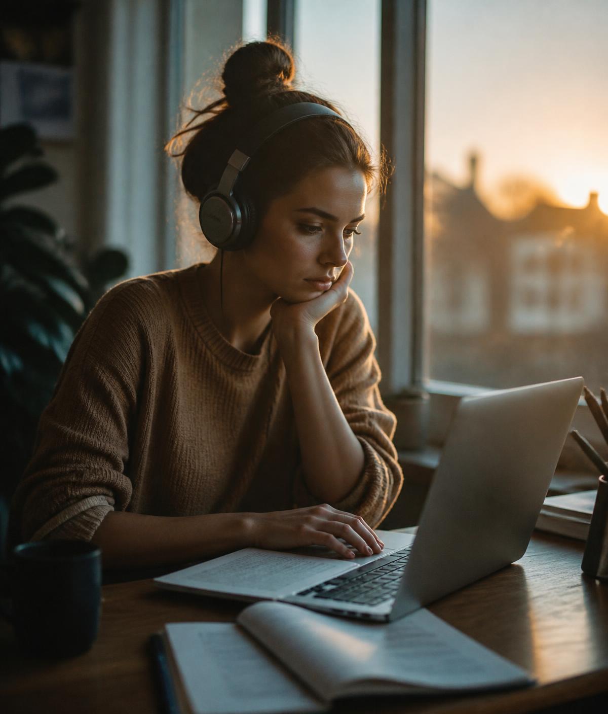 A learner studying online at golden hour