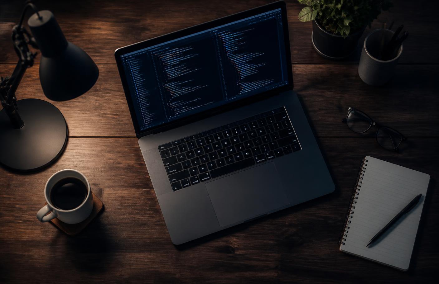 A developer workspace with a laptop and notebook
